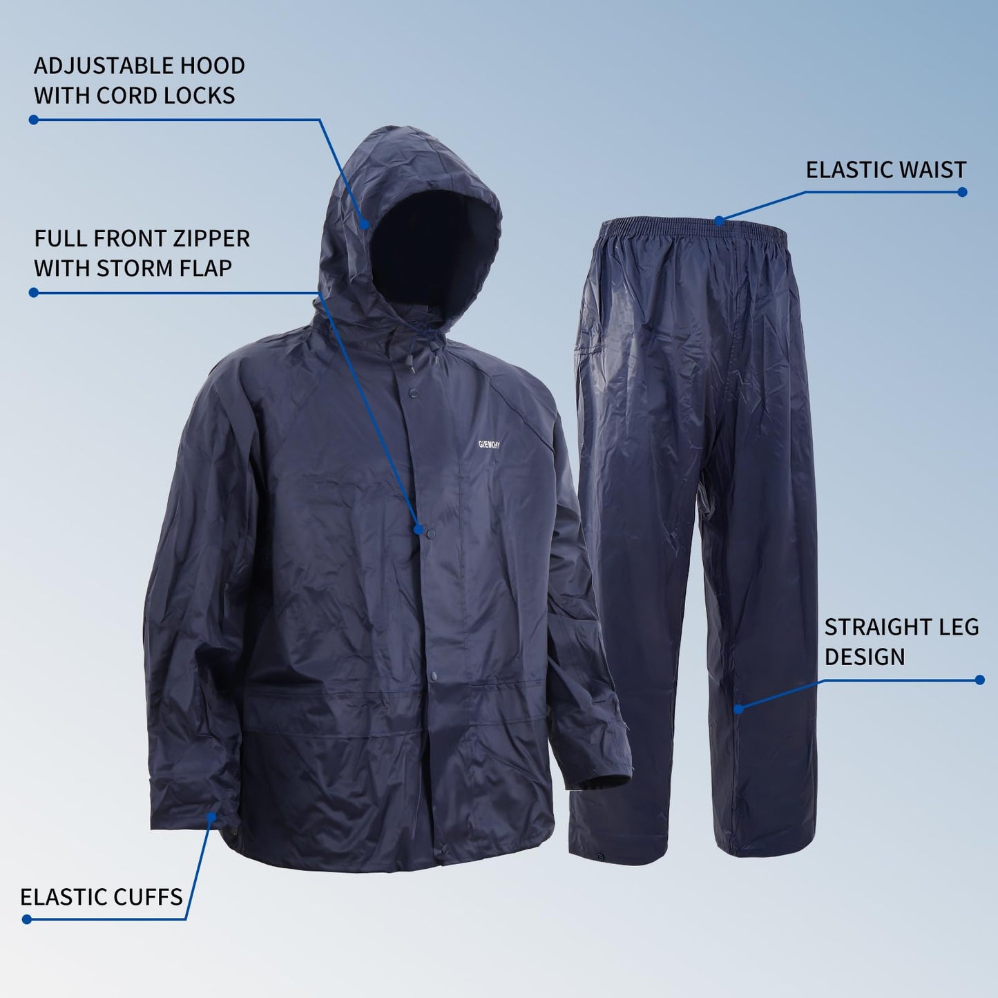 VUVEA Men's Lightweight Waterproof Rain Suit - Reflective Jacket & Pants with Hood for Outdoor Work, Fishing, Hiking