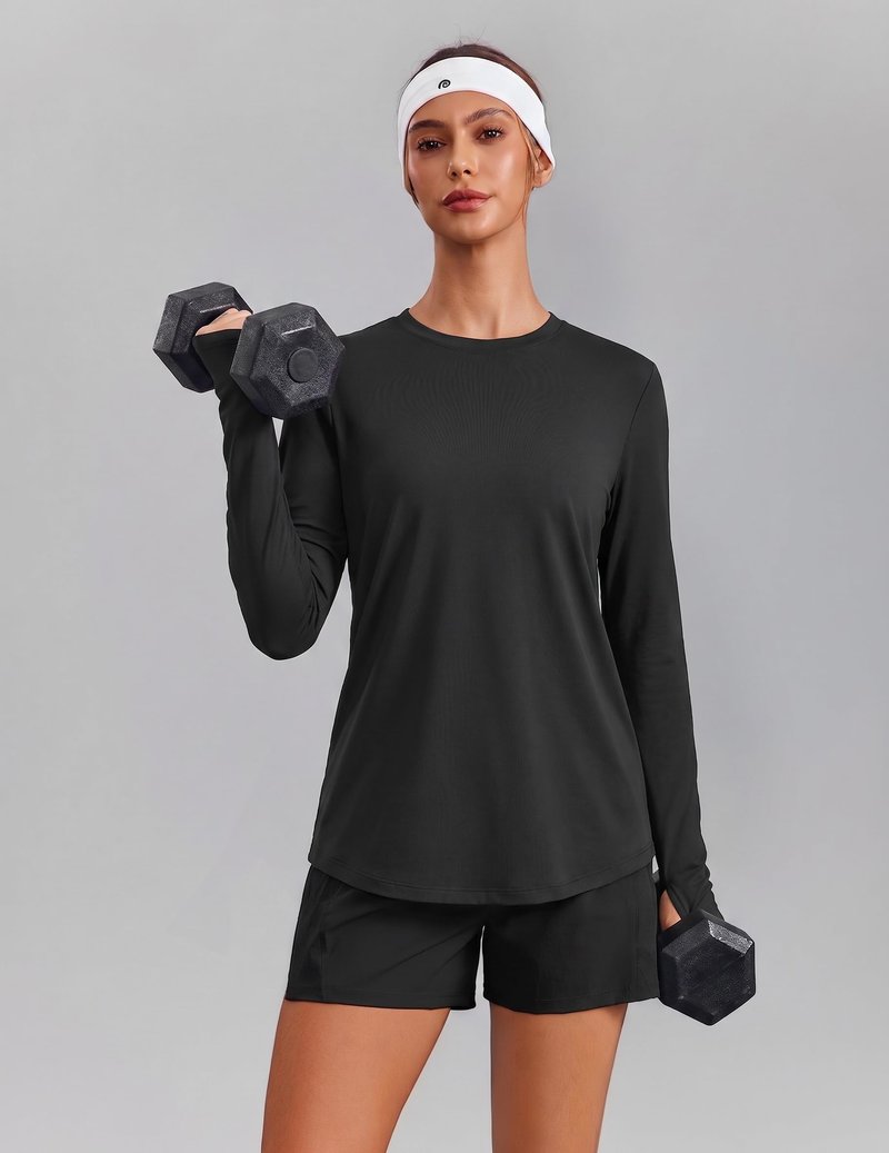 PINSPARK Long Sleeve Workout Shirts for Women UPF Sun Protection Quick Dry Lightweight Yoga Golf Travel Hiking Shirts,Black Medium