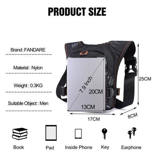 FANDARE Thigh Drop Leg Bag for Men Women with Leg Strap Waist Fanny Pack Bumbags Sling bag Motorcycle Chest Crossbody Cover Pack for Cycling Travel Outdoor Sport Gym Shoulder Bag Black