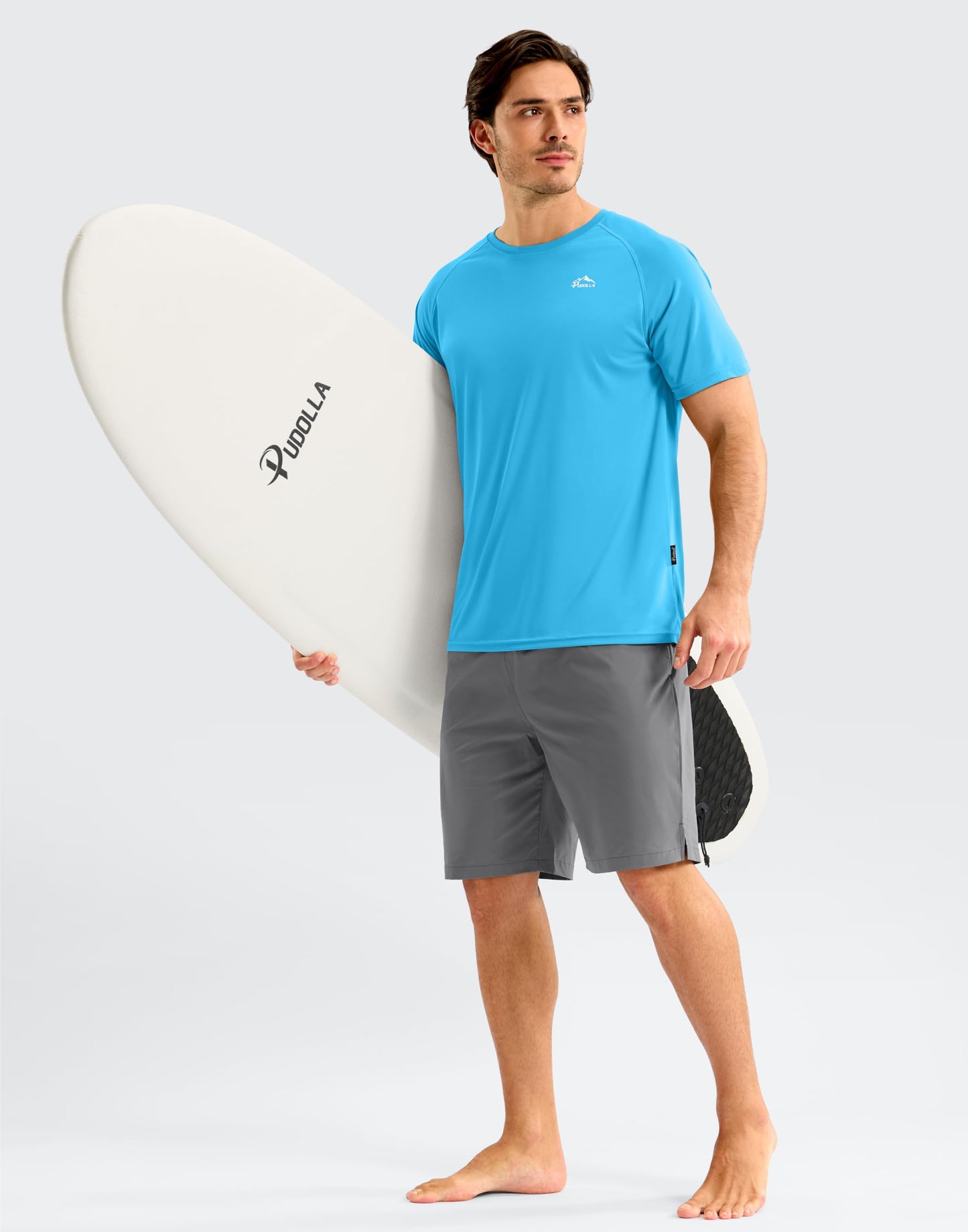 Pudolla Men's Rashguard Swim Shirts Short Sleeve UPF 50+ Sun Protection SPF Quick Dry Water Shirt(Sky Blue M)