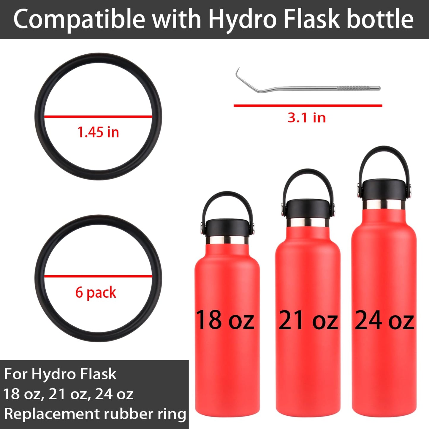 6-Pack Rubber Gasket Compatible with Hydro Flask Bottle - Standard Mouth Replacement Rings for 18 oz, 21 oz, 24 oz Bottles