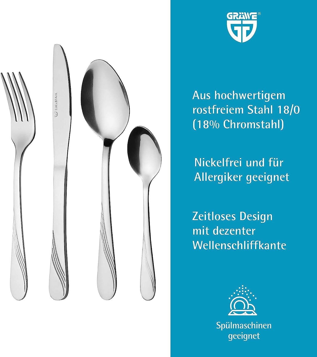 cutlery set for 6 persons made of stainless steel, table cutlery set, nickel free, stainless, hand polished, dishwasher safe - Stralsund Series