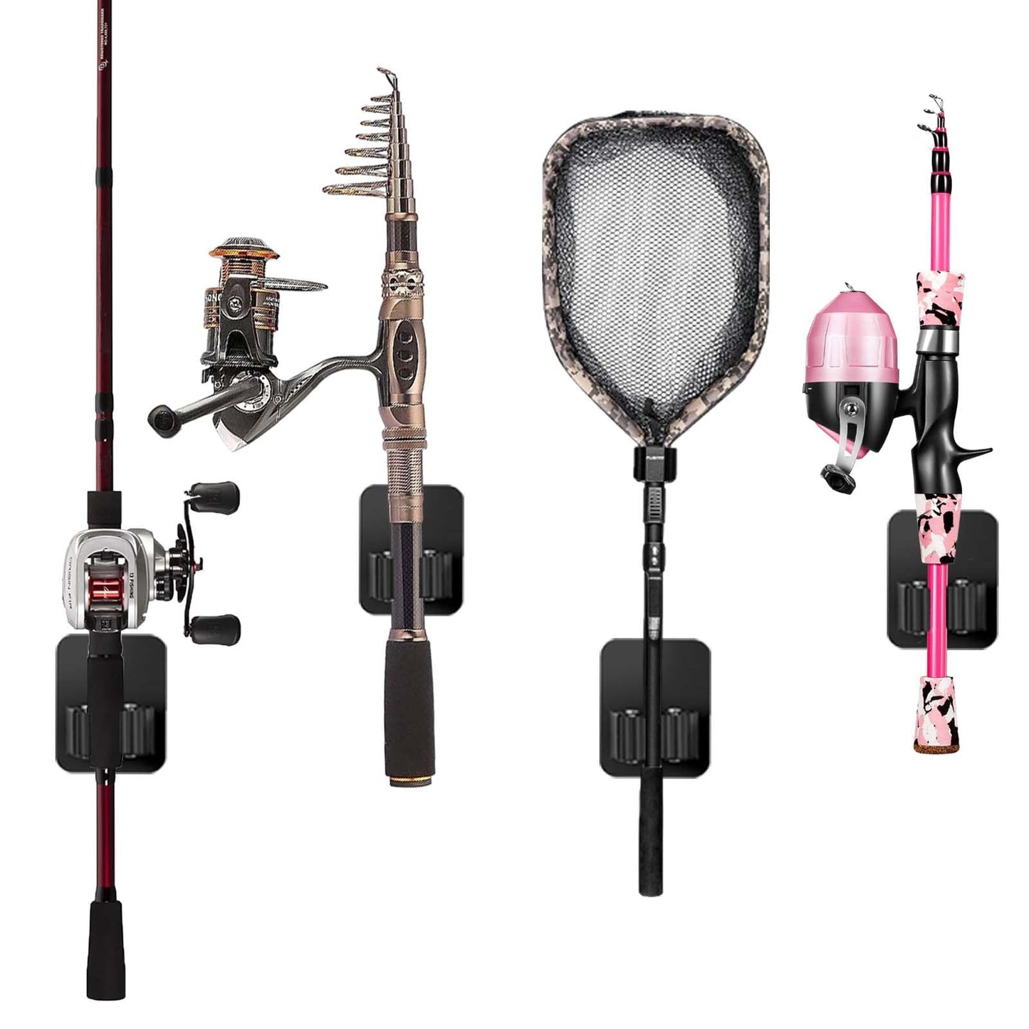 PAPAZOO 4 Pack Fishing Rod Holders, Self-adhesive Wall Mounted Fishing Rods Rack, Fishing Pole/Nets Holders Storage Organizer for Garage, Tool room, Black