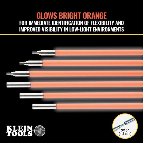 Klein Tools 50303 30-Foot Lo-Flex Glow Fish Rod Set, (6) 5-Foot Fiberglass Rods, Adapter, Bullet Nose, Splinter Guard Coating