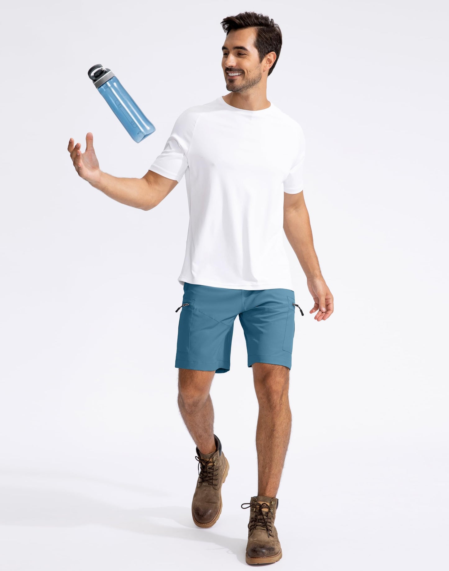 Pudolla Men's Hiking Cargo Shorts 9" Lightweight Outdoor Work Shorts for Men Travel Golf Camping Casual with 5 Zipper Pockets(Sea Blue Medium)