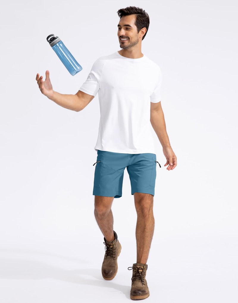 Pudolla Men's Hiking Cargo Shorts 9" Lightweight Outdoor Work Shorts for Men Travel Golf Camping Casual with 5 Zipper Pockets(Sea Blue Medium)
