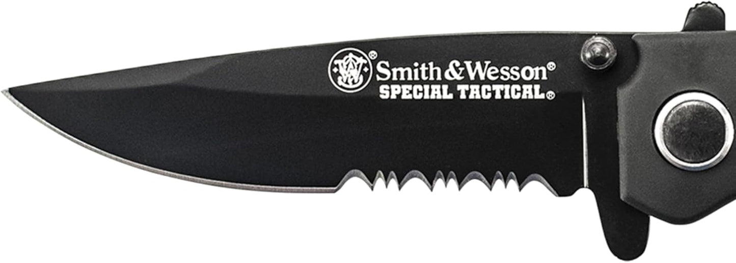 Smith & Wesson Special Tactical CKTACBSD 8.1in High Carbon S.S. Folding Knife with a 3.5in Drop Point Blade and ABS Handle for Outdoor, Survival and EDC