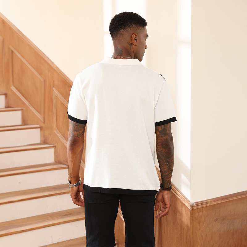 Men's Fashion Polo Shirts Vintage Striped Knitting Shirts Casual Slim Fit Golf Shirts White