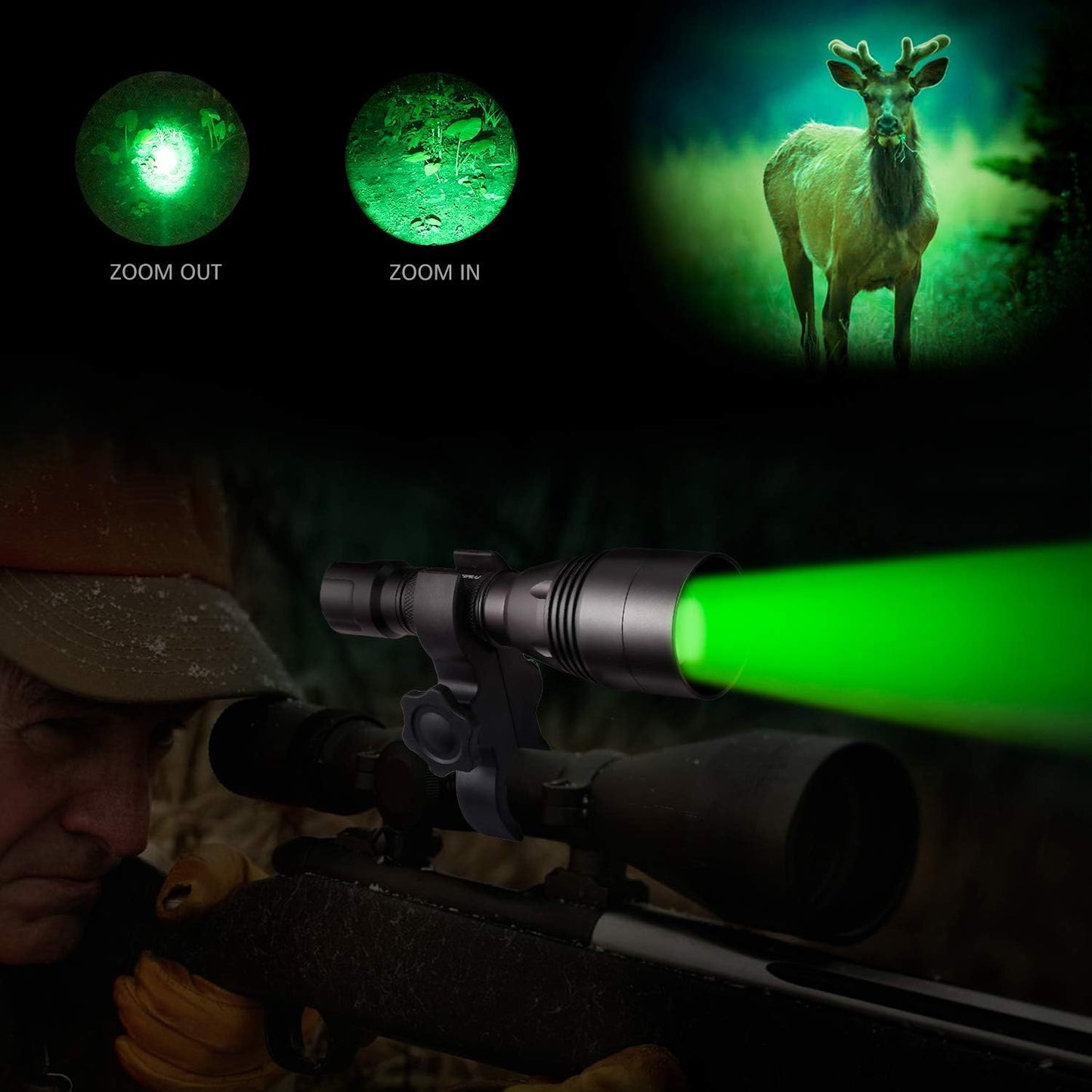 A8Plus Long Range Zoomable Hunting Flashlight Spotlight Kit, Green Red White Infrared 850nm IR Interchangeable LED Modules, Predator Night Light Torch for Coon Coyote Hog Fox Varmint