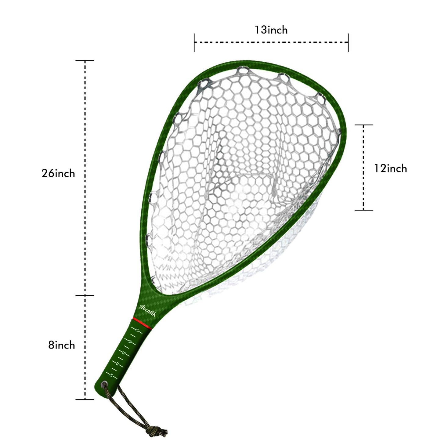 Riverruns Carbon Fiber Landing Net - Fly Floating Fishing Net with Soft Rubber Trout Net and Measuring Lines on The Handle - Lightweight and Durable(Regular Handle/Green/3K)