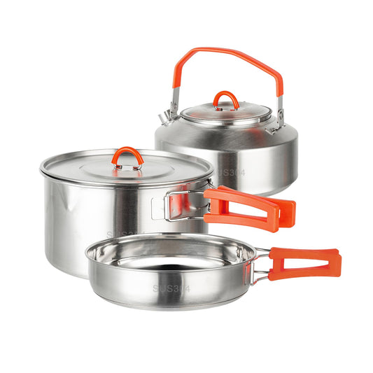 KERMANDO Stainless Steel Camping Cookware Set - Kettle, Frying Pan and Cooking Pot 3 Piece Set With Anti-scald Folding Handles and Mesh Bag
