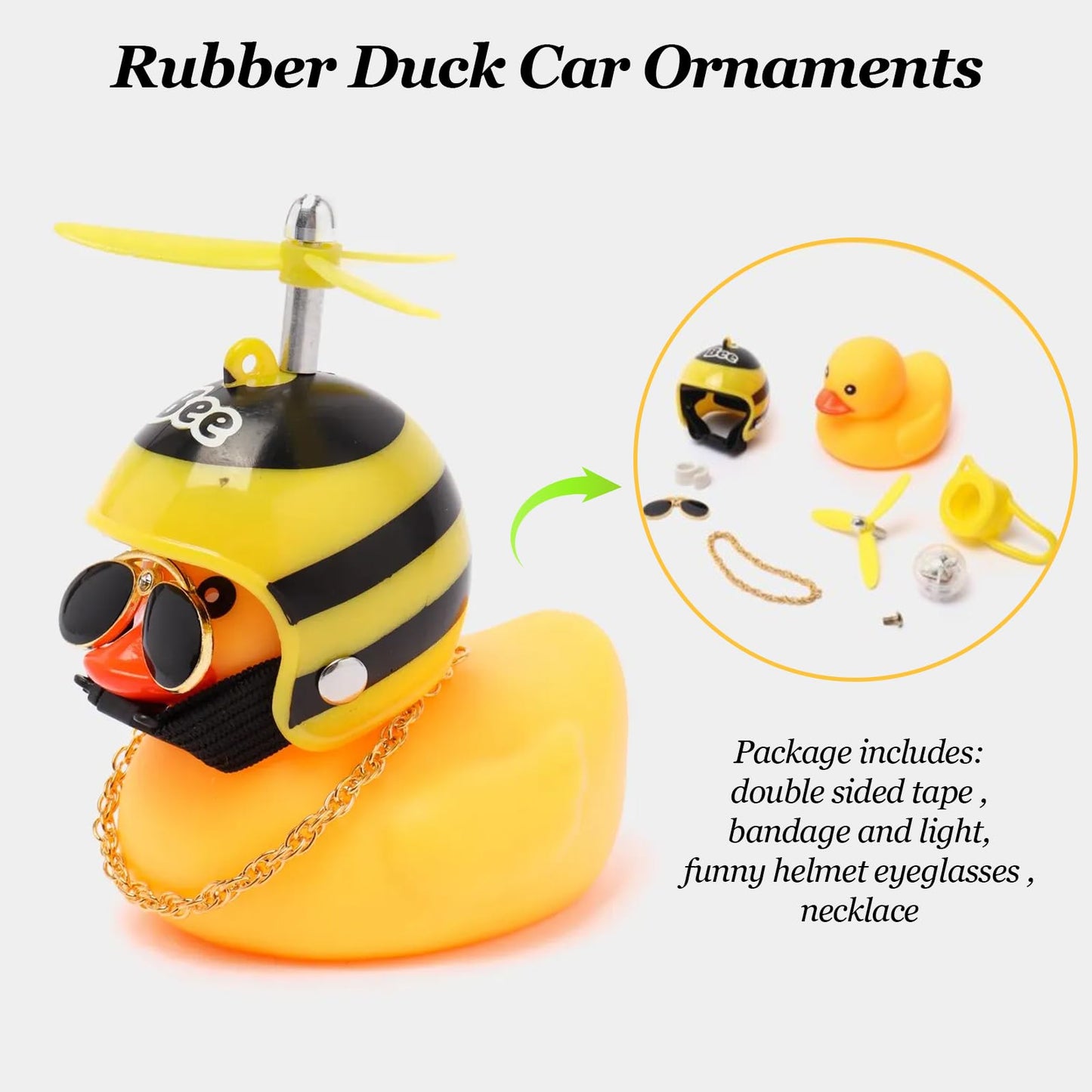 2 Pack Rubber Duck Car Ornaments, Yellow Duck Car Dashboard Decorations Squeeze Duck Bicycle Horns with Propeller Helmet,Bandage and Gold Chain