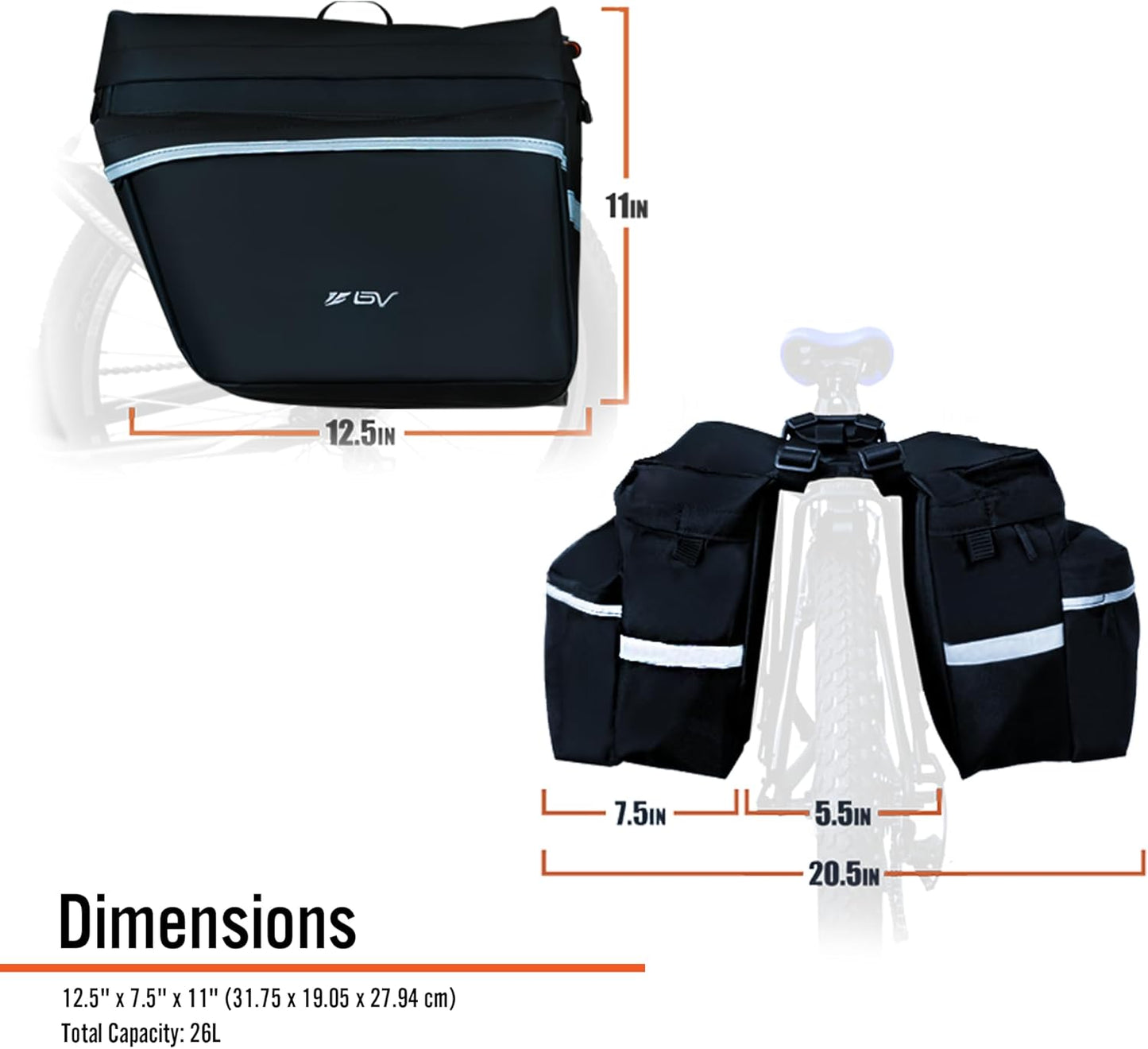 BV 26L Rear Bike Bag - Bike Saddle Bag with 4 Zippered Compartments & Adjustable Hooks - Water-Resistant Bike Bags for Bicycles with Reflective Trim, Taillight Hanger & Handle - Fits Most Racks