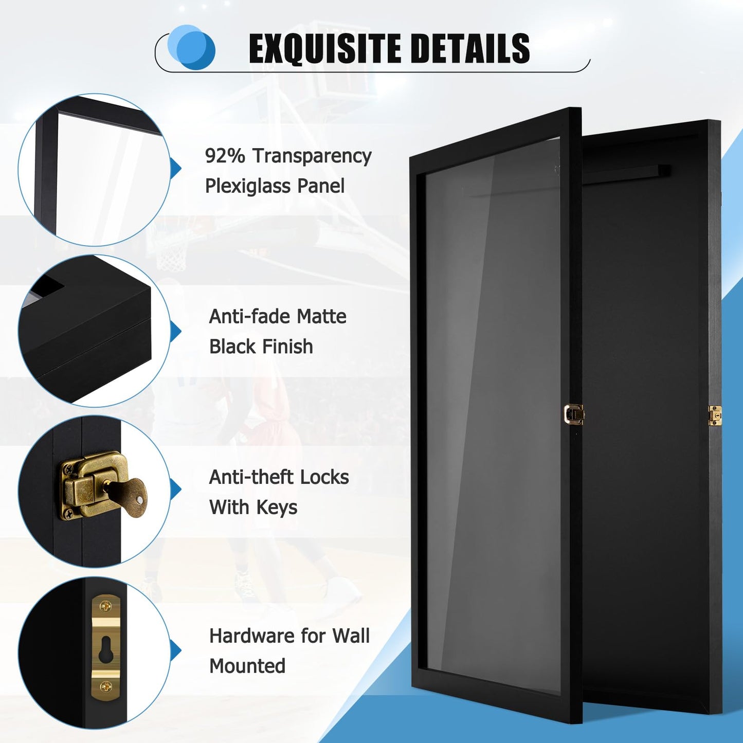 4 THOUGHT Jersey Frame Display Case Large Lockable Jersey Shadow Box Sport Shirt Display Frame with 98% UV Protection Acrylic Door and Hanger for Football Hockey Basketball Baseball Shirt, Black