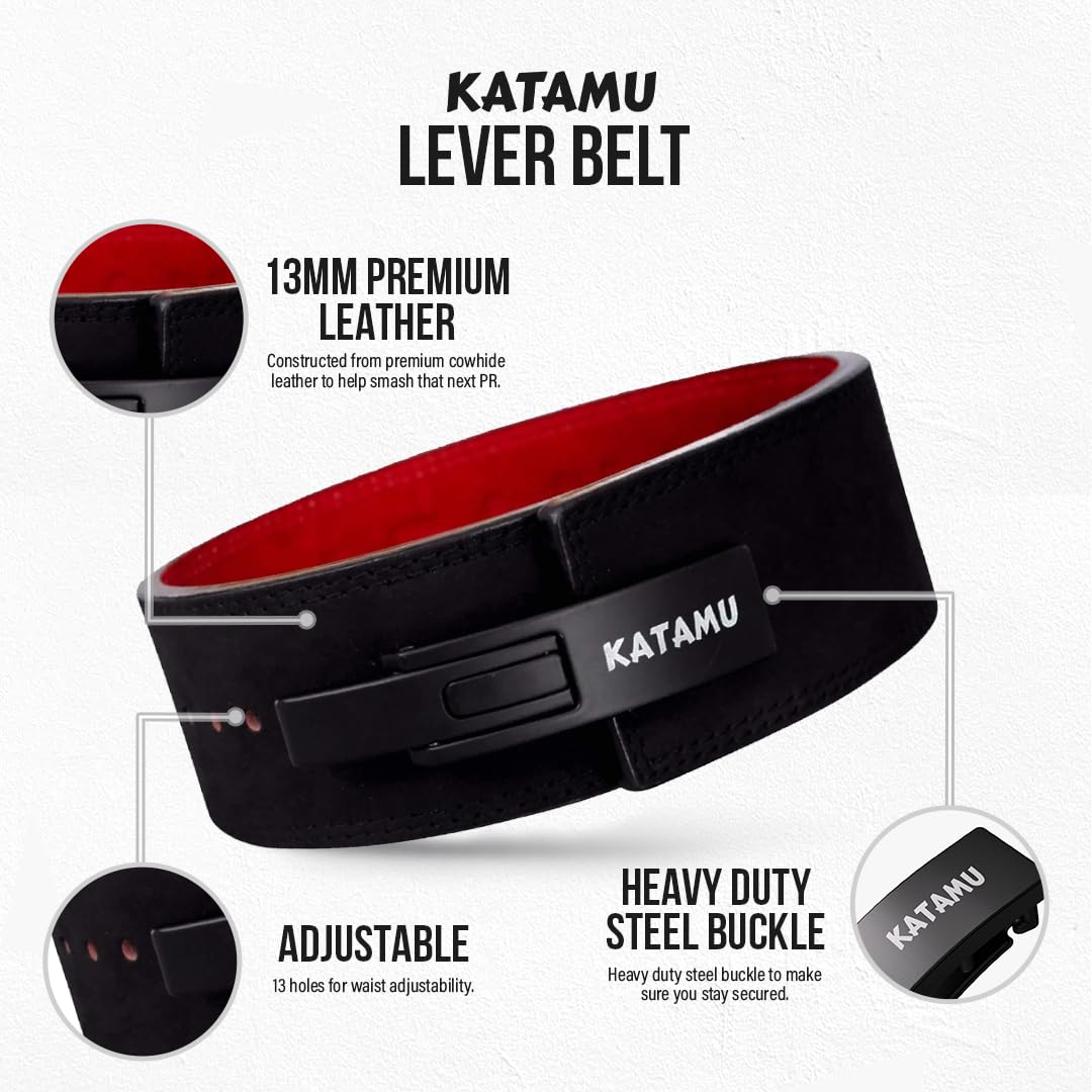 Katamu Premium Leather Lever Weightlifting Belt – Secure Steel Lever, Powerlifting Support for Deadlifts, Squats & Heavy Lifts (Divine Wings, Medium)