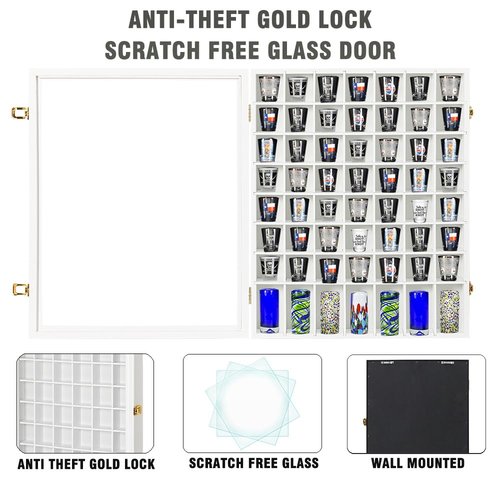 Shot Glass Display Case Wooden Cabinet Rack Holder Wall Mounted 56 Slots White Shadow Box Lockable with UV Protection Acrylic Glass Door Shot Glass Storage Display with Removable Shelves, 23.3"x18.74"