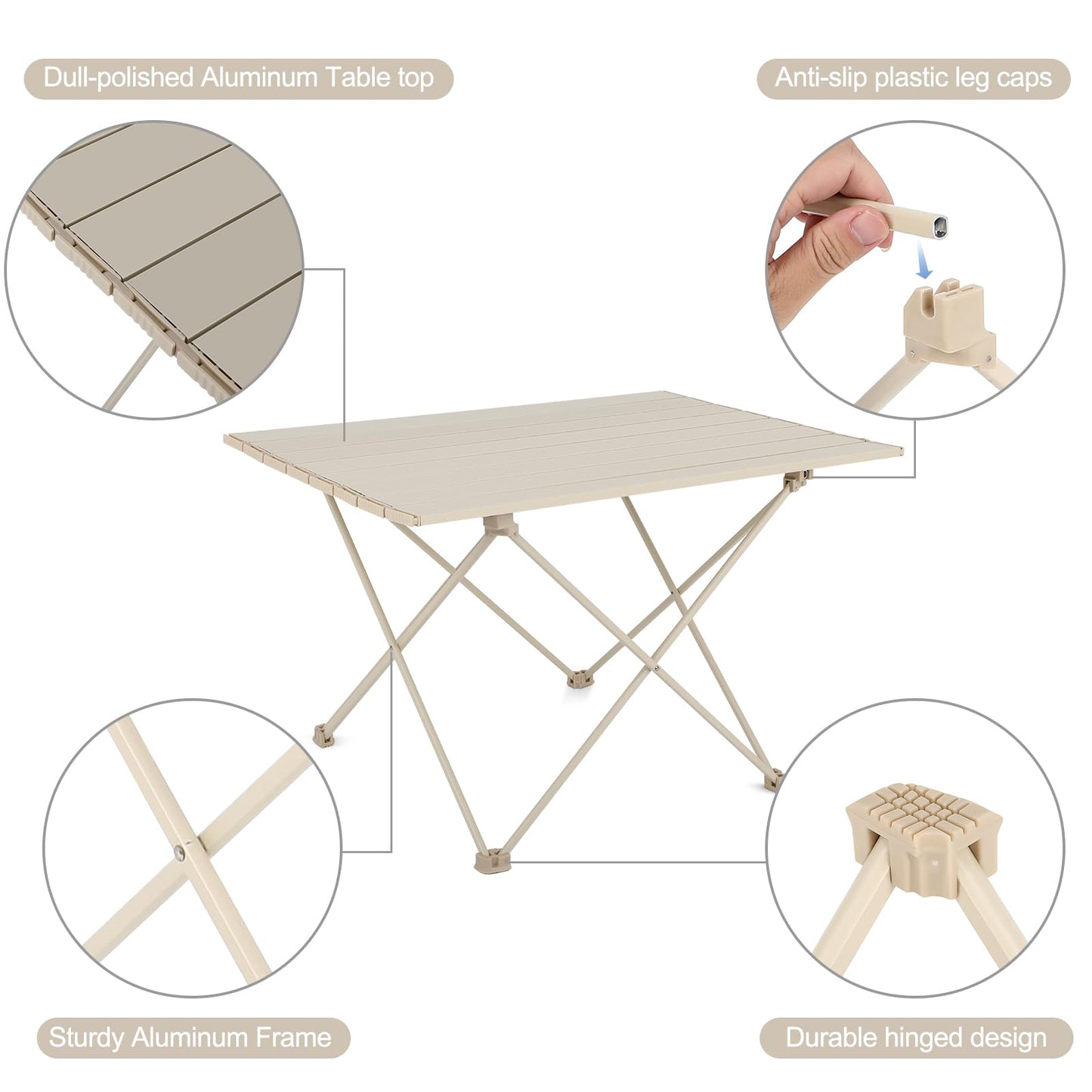 FAHKNS Portable Camping Table,Folding Side Table Aluminum Top for Camping Hiking Backpacking Outdoor Picnic(27" D x 18" W x 16" H,Off White)