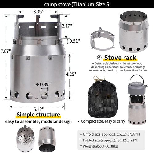 Soomloom Titanium Camp Stove S Secondary Combustion Fire Pit SOLO Ultralight Folding Firewood Stove Round Portable Heater Tent Cooking BBQ Open Fire Camping Outdoor Warmer Multipurpose, metal