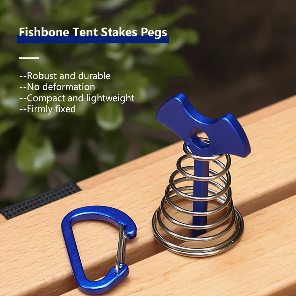 Fishbone Deck Anchor Pegs with Carabiners, Aluminium Tent Stakes with Spring Buckle, Windproof for Outdoor Camping Hiking (10Pcs Black)