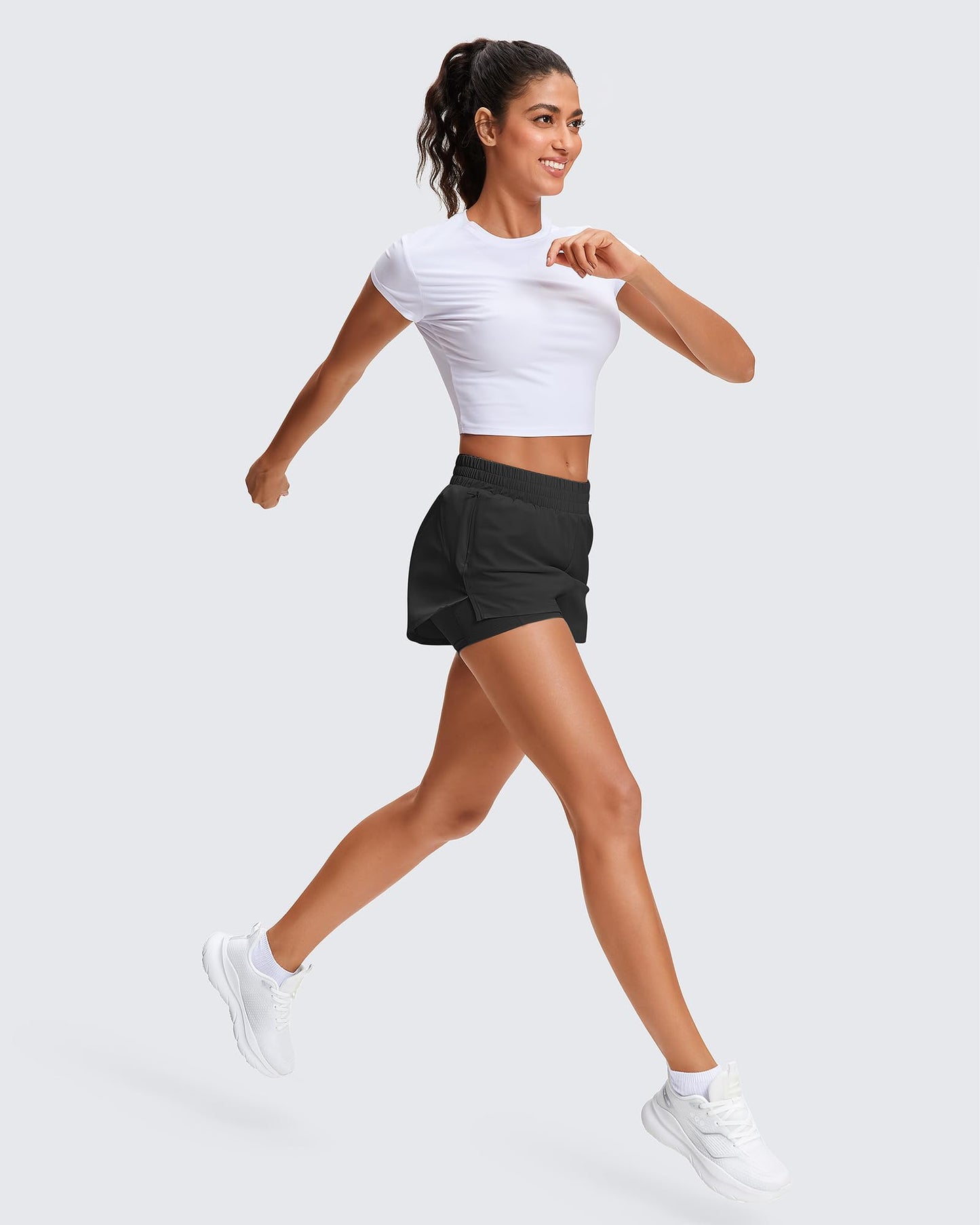 Stelle Women's 2 in 1 Running Shorts Athletic Workout Gym Shorts High Waisted Shorts with Liner Zipper Pockets (Black, Medium)