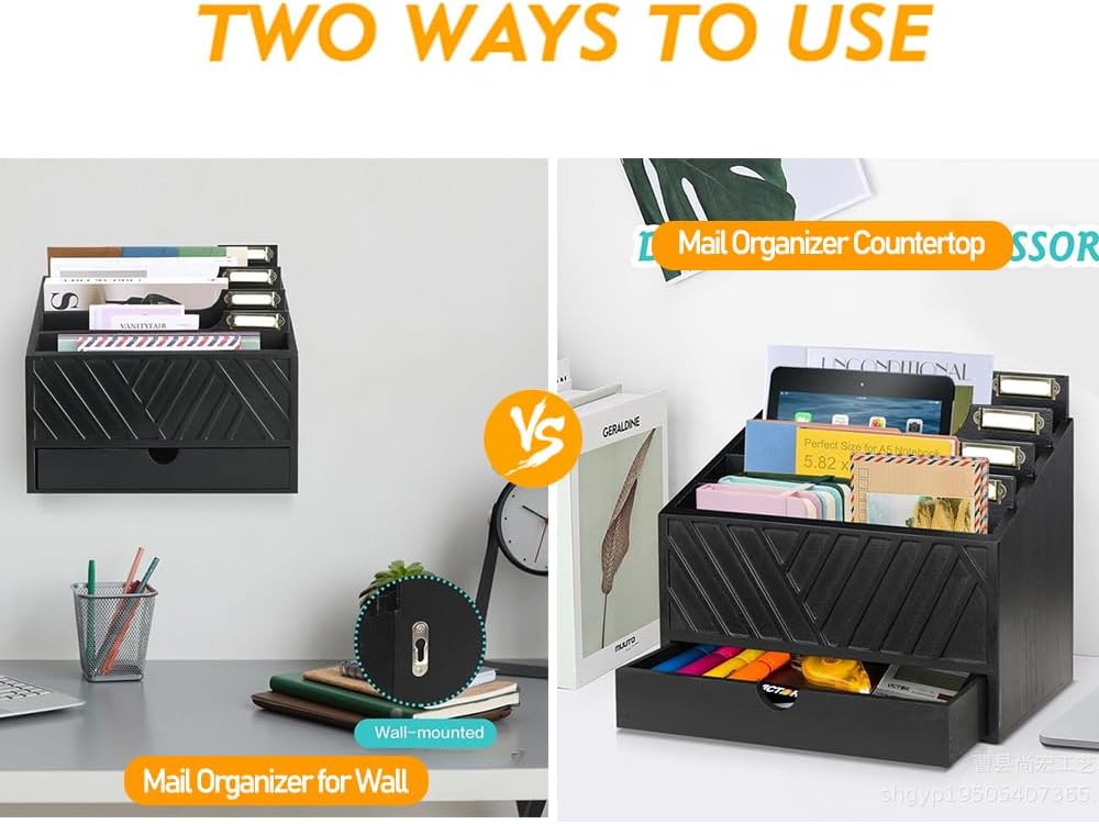 Mail Organizer for Countertop with 4 Compartments and Drawer, Wood Desktop Mail Organizer for File Letter Paper Folder, Desk Drawer Organizer, Black
