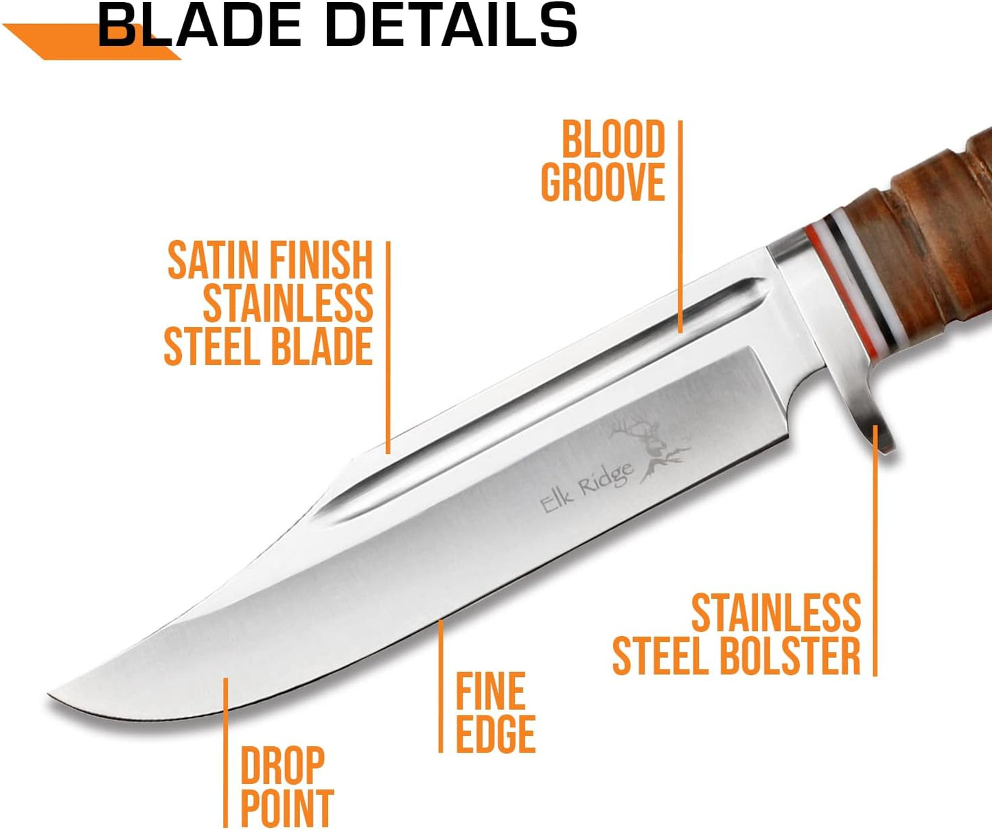 Elk Ridge - Outdoors Fixed Blade Knife - 12-in Overall, 6.25-in Stainless Steel Blade, Full Tang Knife, Leather Wrapped Handle, Leather Sheath - Hunting, Camping, Survival - ER-047