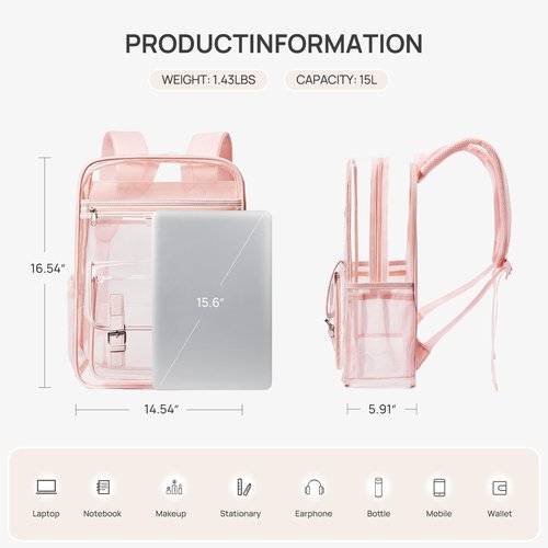 Telena Clear Backpack with Multi-pockets, Heavy Duty TPU Transparent Bag with Reinforced Straps, Large See Through Bookbag for College, Work - Pink