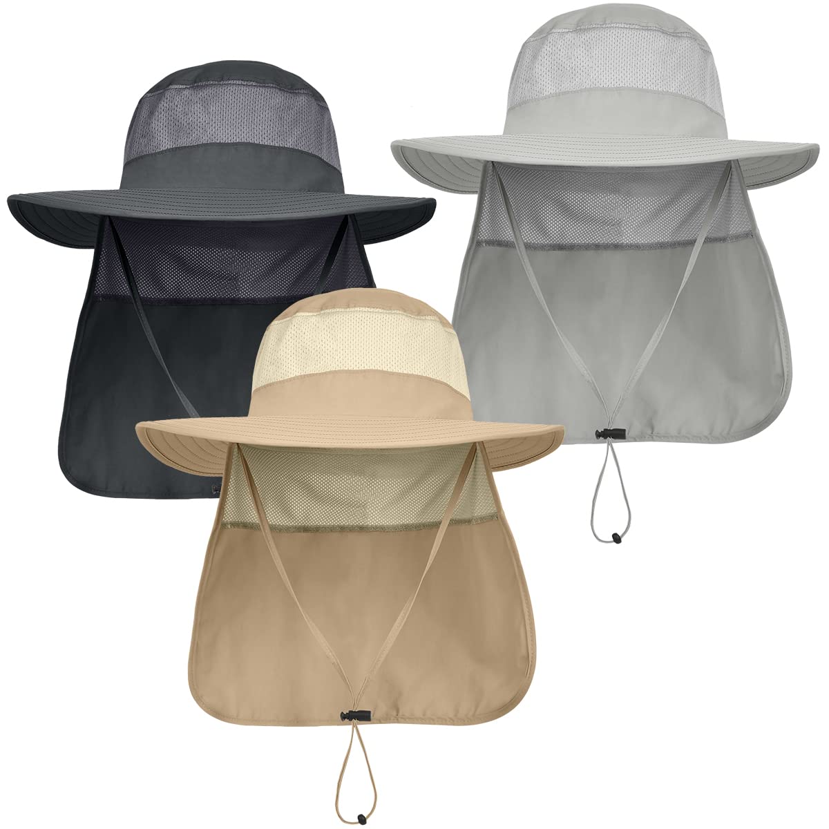 IYEBRAO 3 Pack Mens UV Protection Sun Hat with Neck Flap Summer Foldable Mesh Boonie Cap for Fishing Hiking Garden Work (3 Pack-Dark Grey&Light Grey&Khaki)