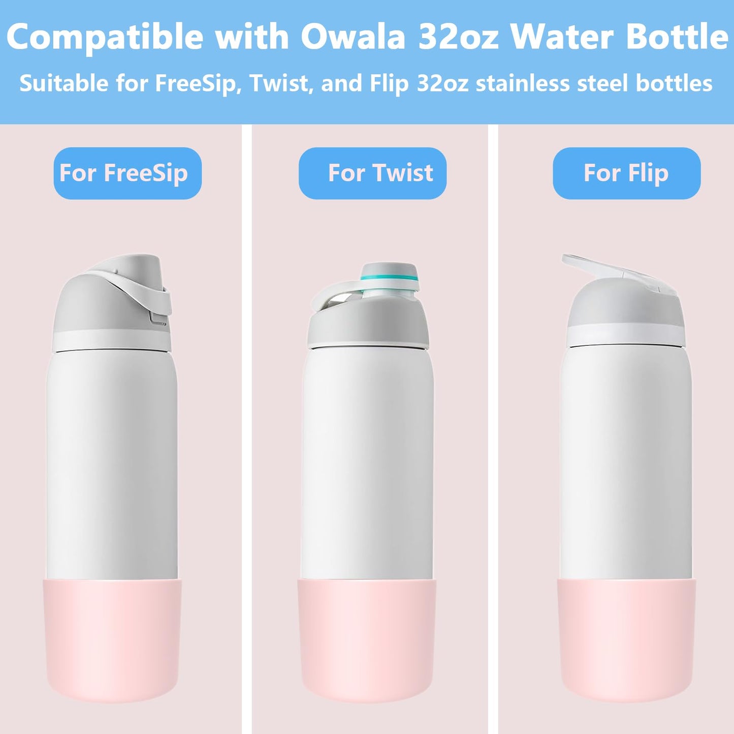 2PCS Silicone Boot for Owala Water Bottle 32oz, Anti-Slip Protective Sleeve for Owala FreeSip/Twist/Flip Stainless Steel Water Bottles (Pink)