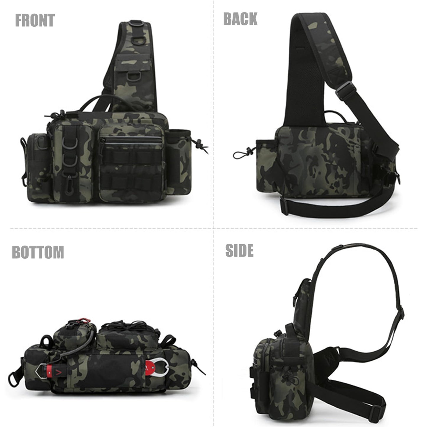 GGYCOB Fishing Tackle Storage Bag Fly Fishing Gear Pack Fishing Backpack for Men Sling Bag Shoulder Cross Body Fishing Bag with Rod Holder Hiking Waterproof Nylon (Black)