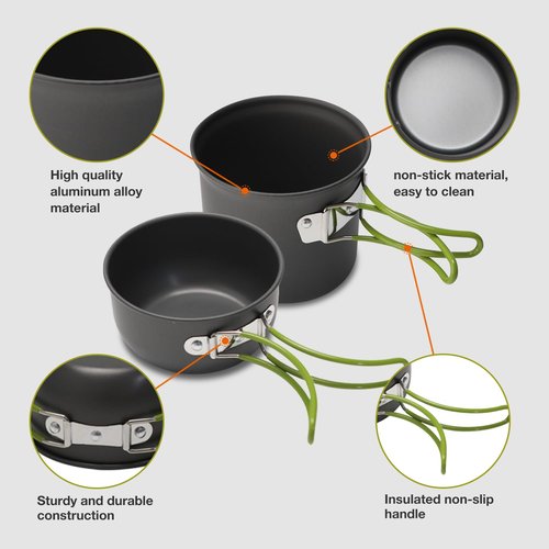 NEUEFAMI Compact Camping Cookware Set - Lightweight Backpacking Pots and Pans Kit for Camping, Hiking, Backpacking, Picnic and Other Outdoor Activities (Green)