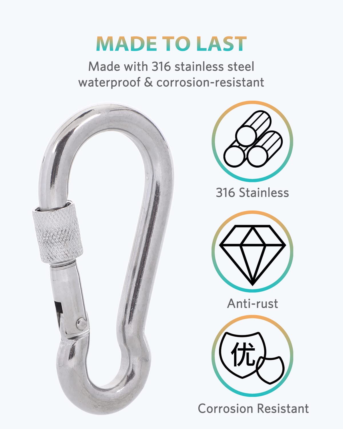 SEPWIK Carabiner Clips, 316 Stainless Steel Carabiner Clip, Heavy Duty Carabiner Hooks, Keychain Carabiners, Multi-Purpose Spring Snap Hook for Dog Leash, Outdoor Camping, Swing, Hammock
