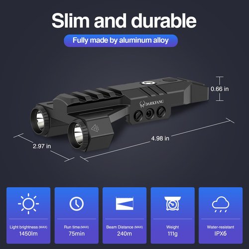 DARKFANG 1450 Lumen Tactical Flashlight Low Profile Design Rechargeable Weapon Light for Picatinny Rail