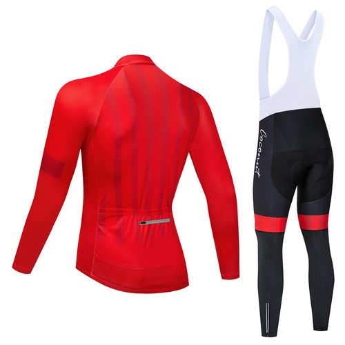 CR Winter Men's Cycling Jersey Long Sleeves Thermal Fleece Bike Jersey + Bib Pants, Winter Cycling Kit Clothing Set for Men (Red, M)