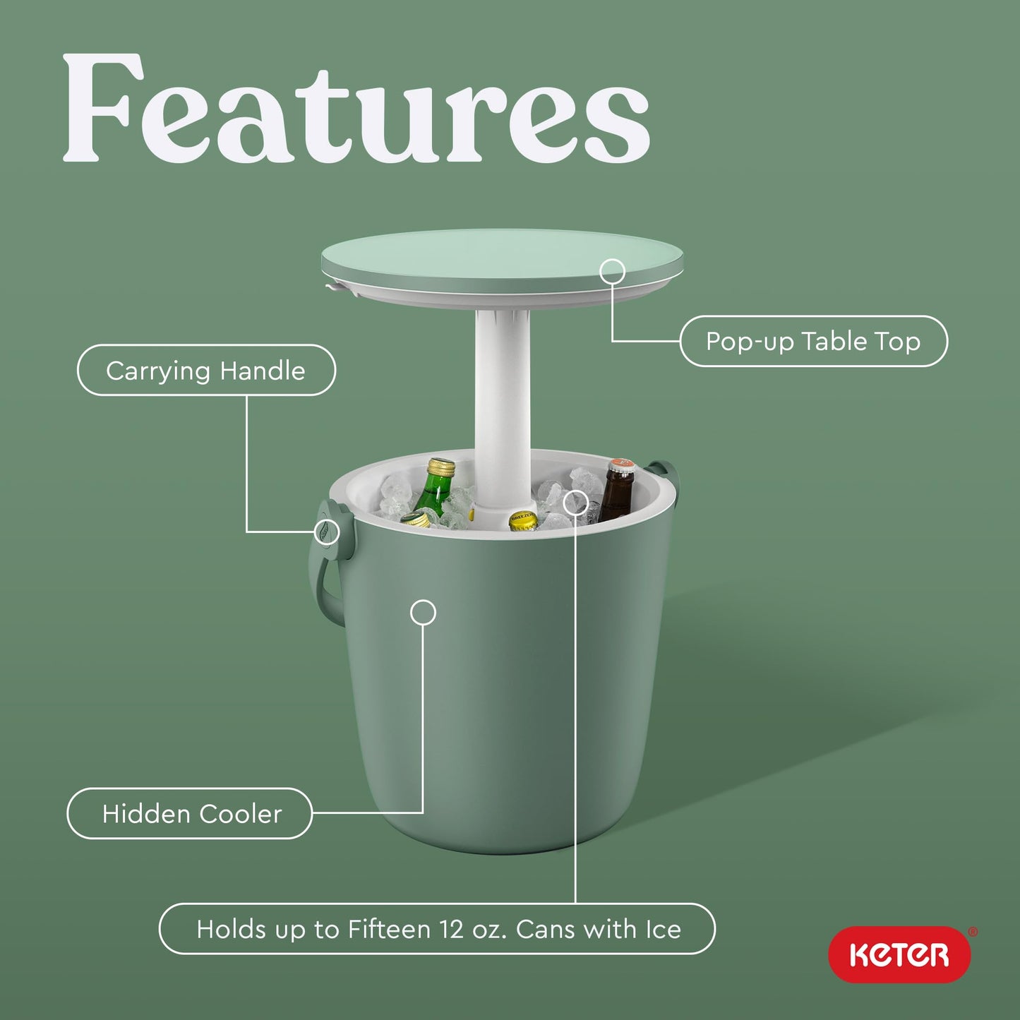 Keter Go Bar 4.2 Gallon Portable Beer and Wine Cooler with Handle and Pop Up Outdoor Table Perfect for Your Patio, Picnic, and Beach Accessories, Green
