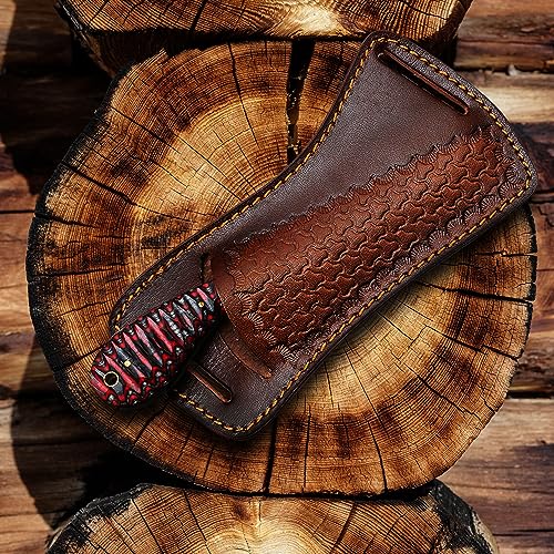 8-Inch Handmade Damascus Bull Cutter Knife with Leather Sheath - Red Cowboy Knife for Hunting & Outdoor Use