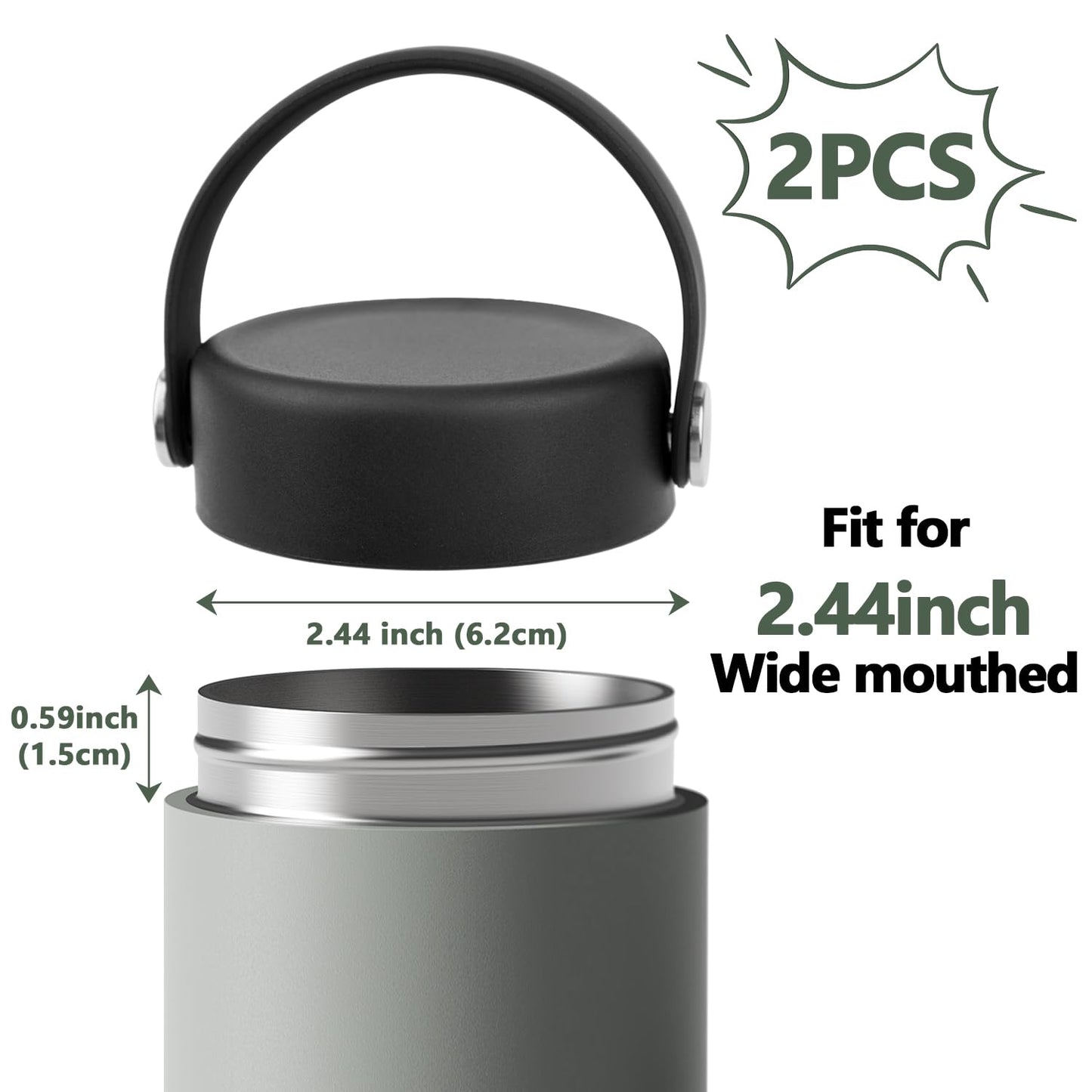 2 Pcs Replacement Lid Compatible with Hydro Flask 12 16 18 20 32 40 64oz Water Bottle, Lid Compatible with Hydro Flask and Other 2.44" Wide Mouth Bottles (Black)