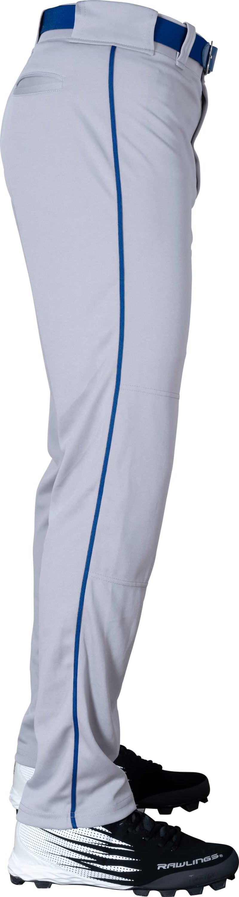 Rawlings | Standard Semi-Relaxed Full Length Baseball Pants | Piped | Grey/Royal | Adult Small
