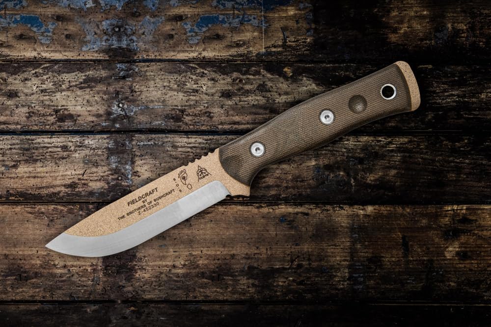 Tops Knives Fieldcraft by Brothers of Bushcraft Full Tage Fixed Blade- Coyote Tan Coating Finish- Coyote Tan Kydex Sheath w/Rotating Spring Steel (Green Canvas Micarta Handle)