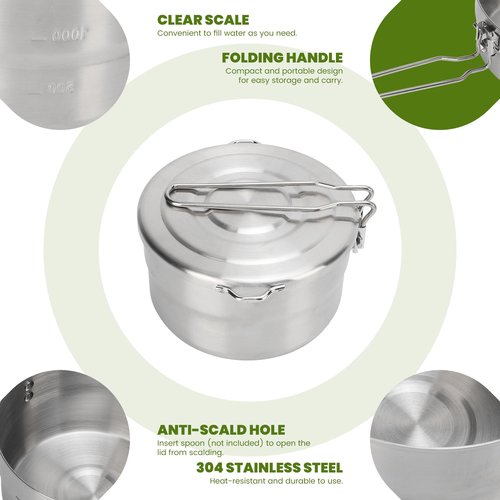 Stainless Steel Camping Cook Pot,Topyond 1.5L Camping Cookware with Lid and Folding Handle, Large Capacity Bento Pot for Outdoor Backpacking Camping Hiking Picnic(with Storage Bag)