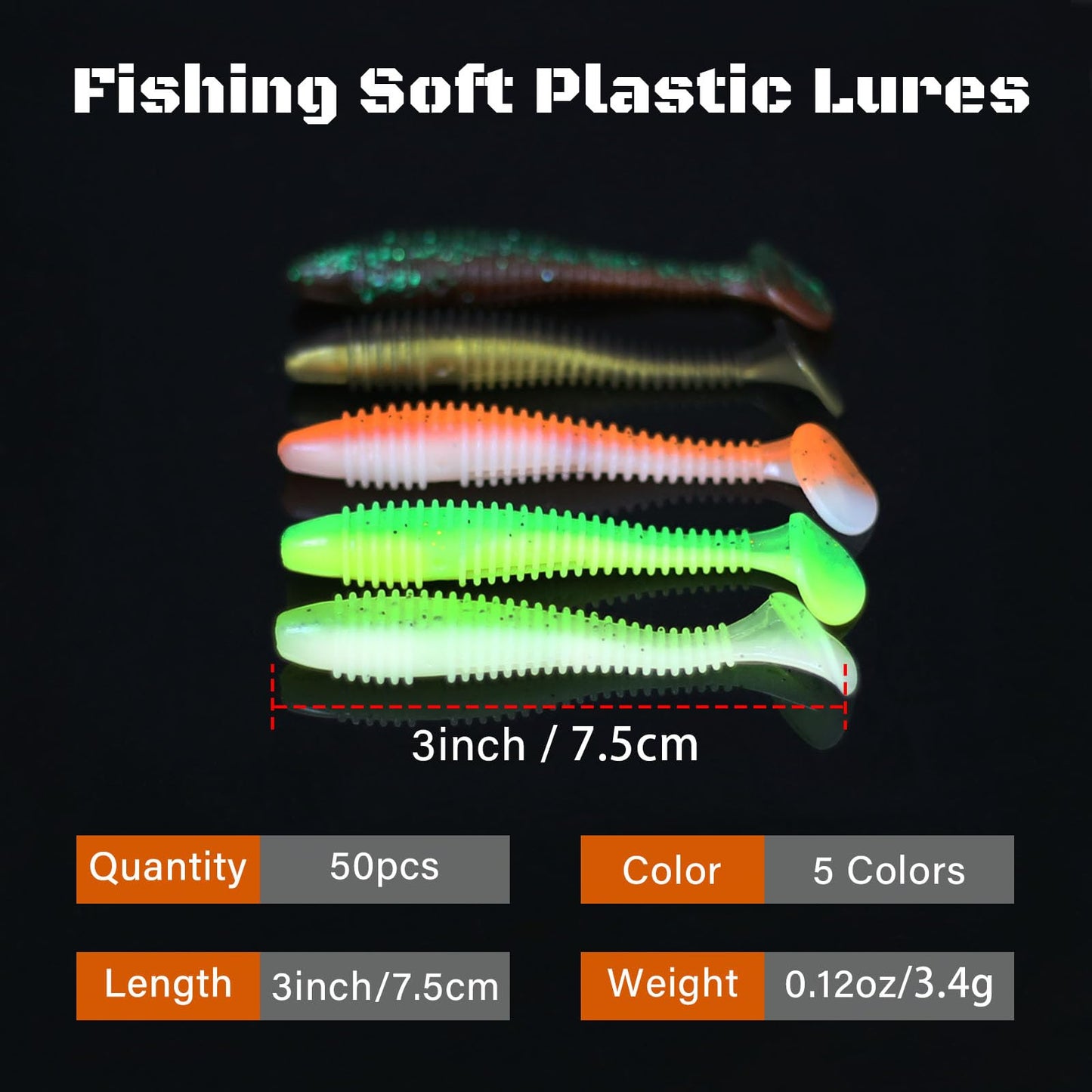 KJEIM Paddle Tail Swimbaits, 50 PCS Ribbed 3 Inchs Soft Plastic Fishing Lures for Bass Trout Crappie Walleye Saltwater/Freshwater Fishing (Multicolor)