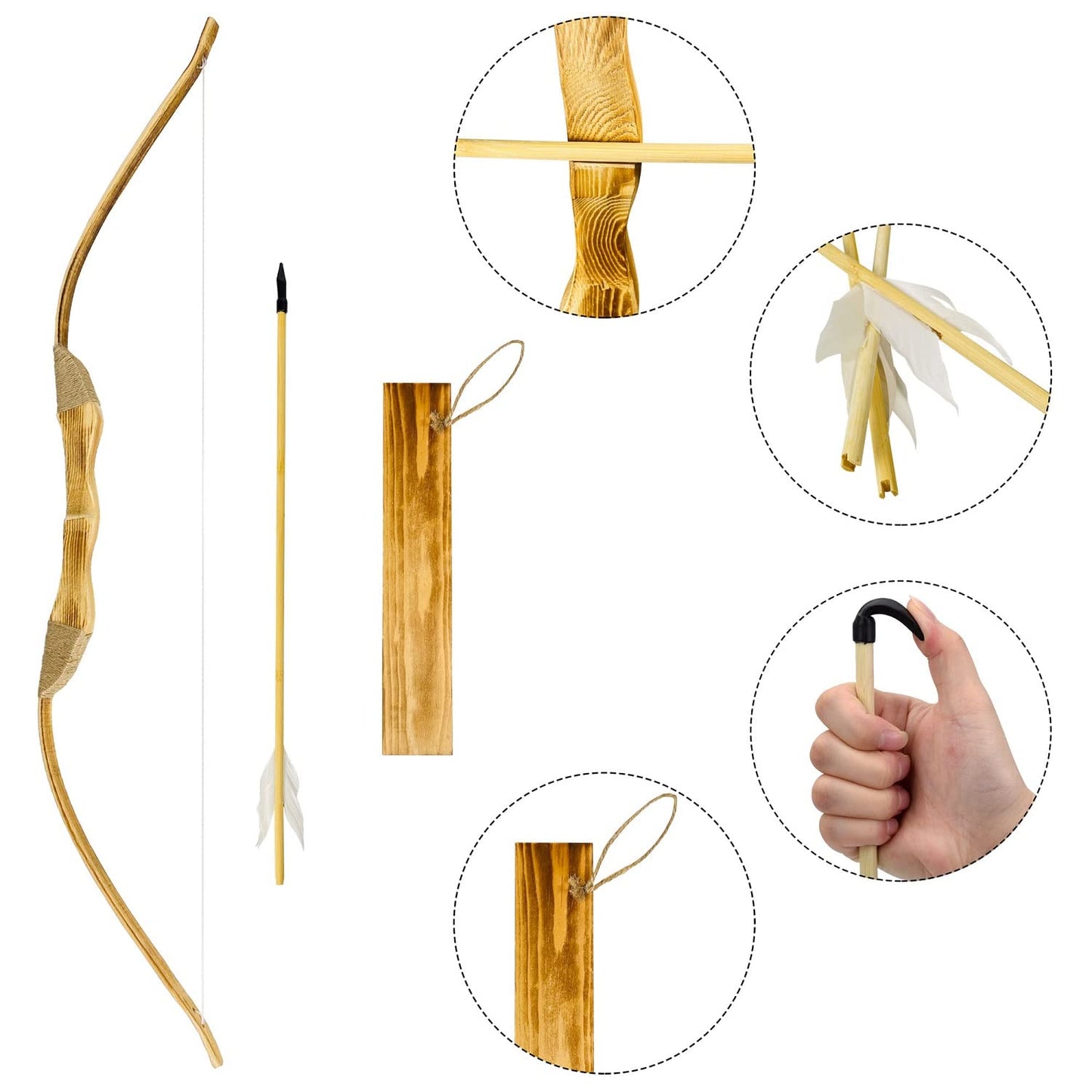 Wooden Bow and Arrow Set, 40 Inch Handmade Wooden Bow and Arrow Cosplay Costume Prop Archery Set Games Toys, 1 Bows 1 Quivers and 5 Feather Arrows, Gifts for Kids Youth Boys and Girls