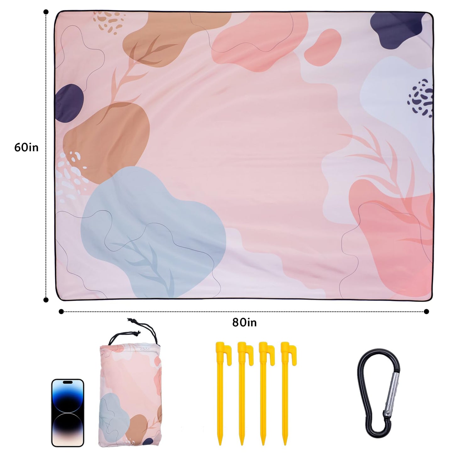 Gealaek Pink Abstract Waterproof Sandproof Picnic Beach Blanket, 87x71 Inches, Queen Size, 100% Polyester, Foldable, Camping, Travel, Hiking, Beach