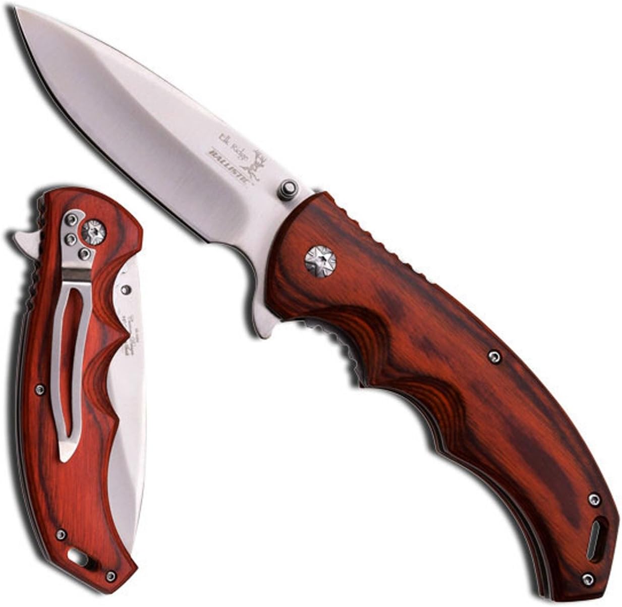 Elk Ridge Ballistic Folding Knife, 3.5-inch Drop Point Blade, Brown Wood Handle, 8.25-inch Overall
