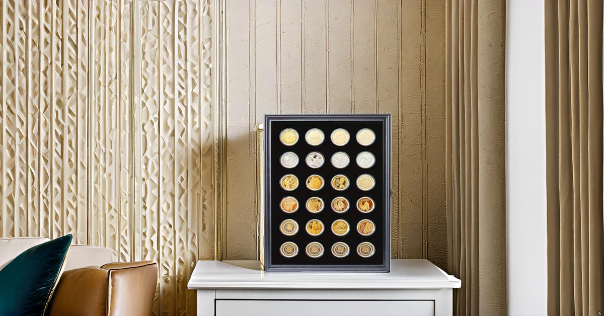 24 Casino Chip Coin Display Case,Challenge Coin Display,Challenge Coin Holder,Challenge Coin Display, Mility Coin Holder Display,Chips Holder Wall Rack 98% UV Lockable,Solid Wood Frame,Glass Door.