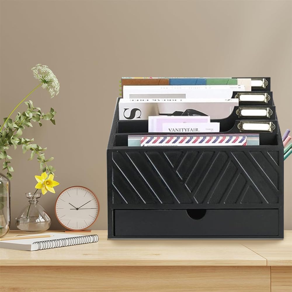 Mail Organizer for Countertop with 4 Compartments and Drawer, Wood Desktop Mail Organizer for File Letter Paper Folder, Desk Drawer Organizer, Black
