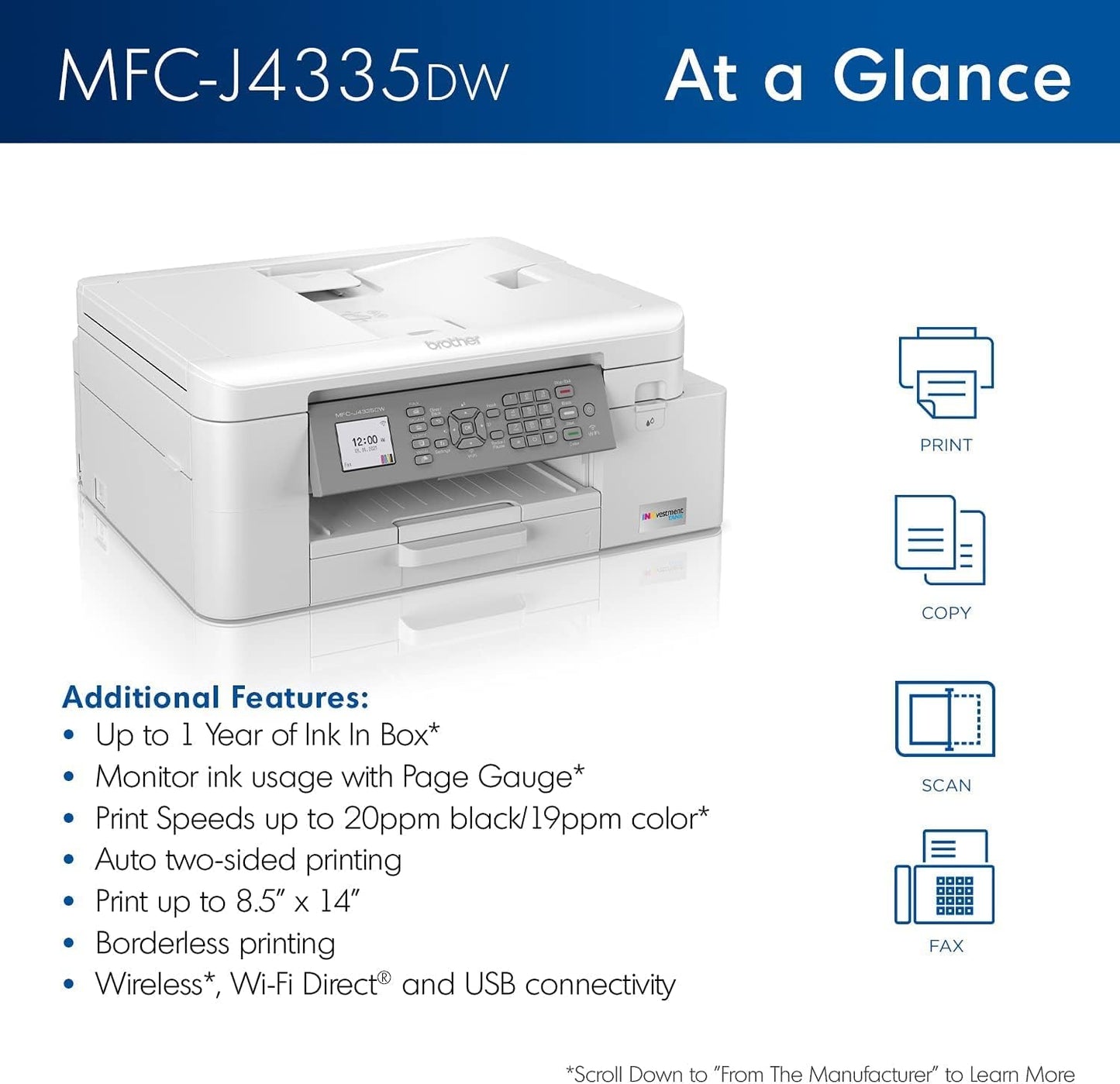 Brother MFC-J4335DW INKvestment Tank Wireless All-in-One Color Inkjet Printer, Up to 1-Year of Ink in-Box, Duplex Printing, Mobile and Cloud Print, Works with Alexa