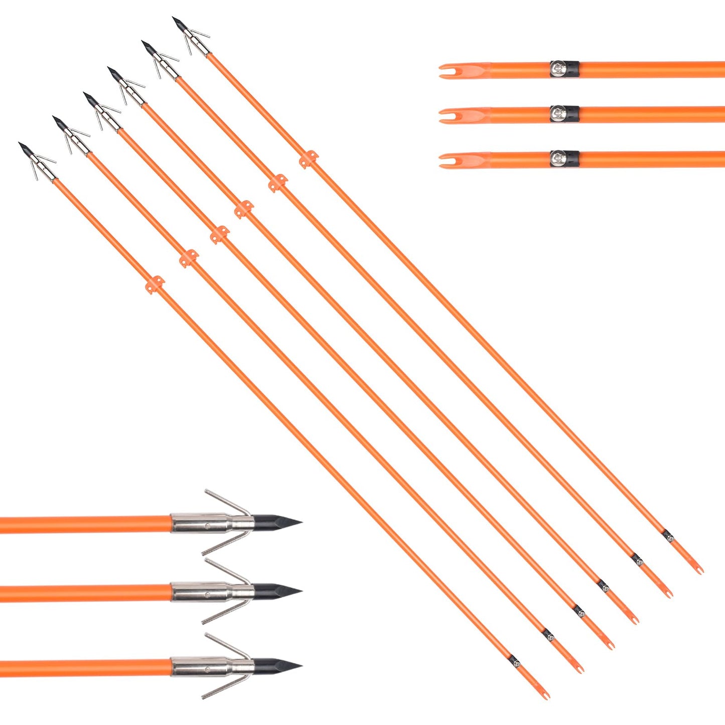 GPP 32 inches Bowfishing Arrows Fish Hunting Solid Fiberglass Shaft with Broadheads and Safty Slides for All Bows Fishing Huntings,6 PCS