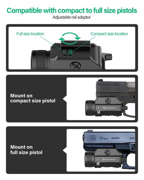 TOUGHSOUL 1200 Lumens Picatinny Rail Mount Pistol Light Green Laser Combo, White LED Flashlight with Green Beam Powered by Built in Rechargeable Battery