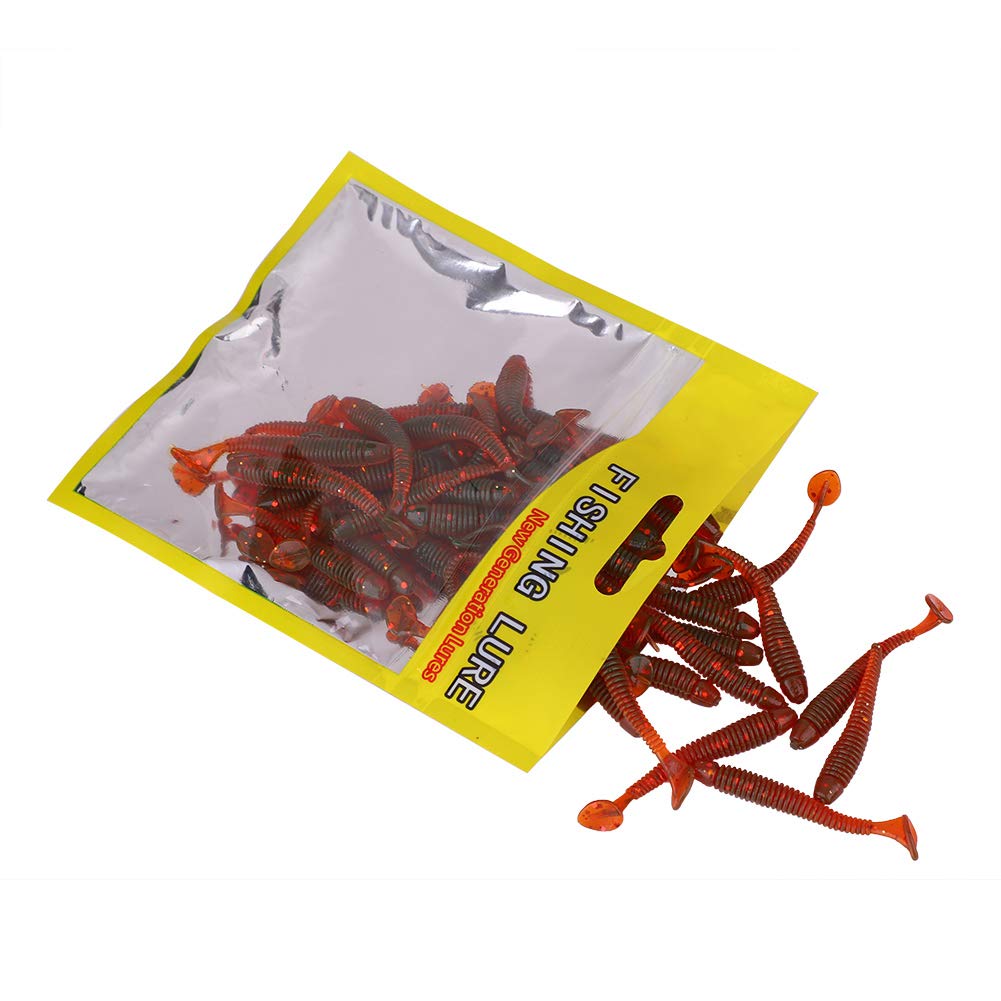 50PCS Fishing Lures Kit, 2in Plastic Fishing Soft Lures T Tail Grub Baits Fishing Swimbaits Fishing Fish Tackle Accessories (Red)